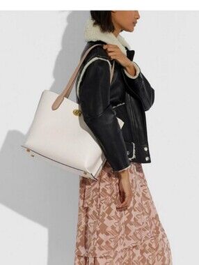 COACH Willow Pebbled Leather Tote in Chalk with Light Taupe Straps
